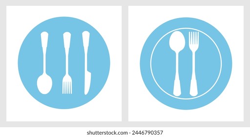 Spoon, fork, knife, and plate sign icon isolated on white backgrounds vector.