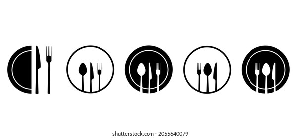 Spoon, fork, knife and plate vector icons set. Silhouette of cutlery for menu logo