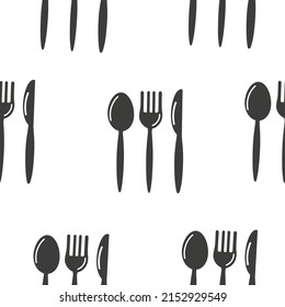Spoon, fork and knife seamless pattern. Silhouettes of cutlery for the restaurant business isolated on white background. Vector illustration