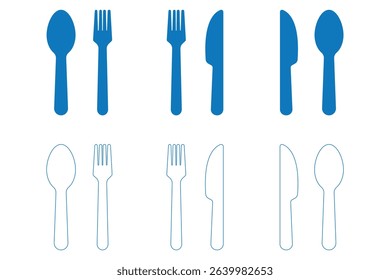 Spoon, fork and knife set icons vector illustration on white background. cutlery or flatware consisting of a knife fork and spoon for meal solid or glyph icon.
