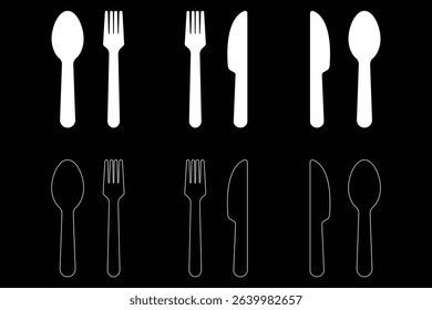 Spoon, fork and knife set icons vector illustration on white background. cutlery or flatware consisting of a knife fork and spoon for meal solid or glyph icon.