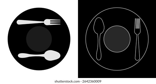 spoon fork and knife silhouette icon, Fork, spoon, knife and plate. Menu symbol. Tableware instruments. Restaurant icon. Food, plate, fork, knife, spoon, cutlery icon , vector illustration, eps 10 11
