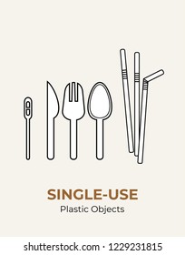 Spoon, fork, knife, stirrer, straws. Single-use plastic cutlery. Vector illustration set of recycling plastic items. Food plastic cutlery flat logo for ecological poster, pollution environment concept