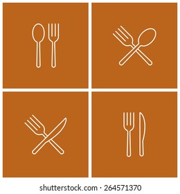 Spoon Fork Knife Thin Line Icon Set