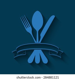 spoon fork knife vector icon   with shadow on a blue background