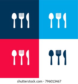 Spoon fork and knive silhouettes restaurant symbol four color material and minimal icon logo set in red and blue