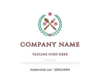 Spoon Fork with Laurel Leaf Food Restaurant Logo Design Vector