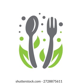 Cuchara, tenedor y hoja, logo. Salud naturaleza comida, Vector.