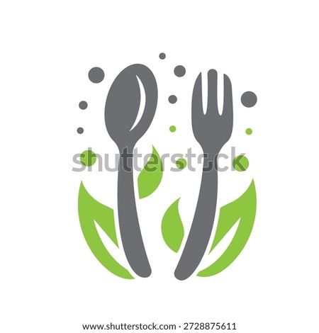 Spoon, fork and leaf, logo. Health nature food, vector.