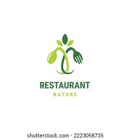 spoon and fork leaf with nature restaurant logo design template flat vector