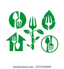 spoon fork leaf nature set logo design vector graphic template