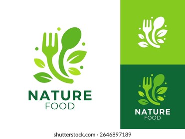 spoon fork and leaf tree logo. health nature food vector design concept	
