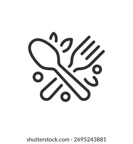 Löffel und Gabel mit Blättern, lineares Symbol. Gesunde Lebensmittel und Bio-Ernährung. Linie mit editierbarem Strich.