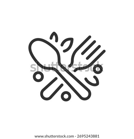 Spoon and fork with leaves, linear icon. Healthy food and organic nutrition. Line with editable stroke.