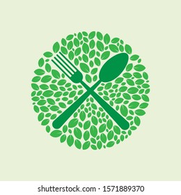 Spoon and Fork with Leaves Logo Vector Illustration