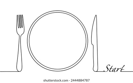 A spoon and fork lie on the sides of the plate. The position of the cutlery means that the person has not yet started eating. Vector illustration.