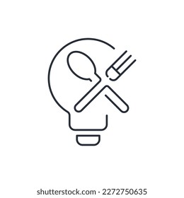 cuchara con tenedor en una bombilla. Nuevas ideas culinarias originales, recetas. Icono lineal vectorial aislado en fondo blanco.