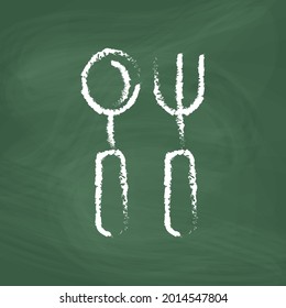 Spoon and fork line Icon design white chalk. Draw a picture on the blackboard.