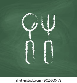 Spoon and fork line Icon design white chalk. Draw a picture on the blackboard.