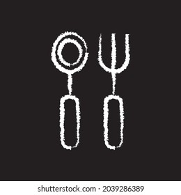 Spoon and fork line Icon design white chalk. Draw a picture on the blackboard.