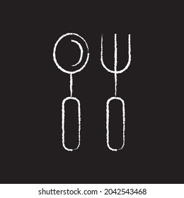 Spoon and fork line Icon design white chalk. Draw a picture on the blackboard.