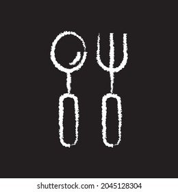 Spoon and fork line Icon design white chalk. Draw a picture on the blackboard.