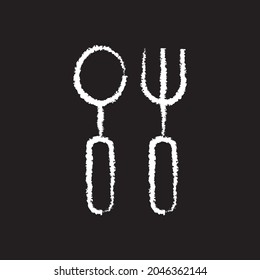 Spoon and fork line Icon design white chalk. Draw a picture on the blackboard.