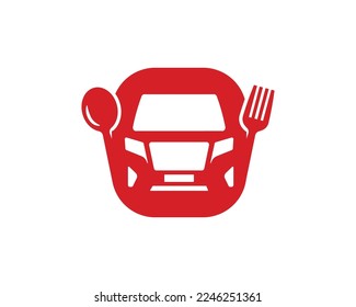 Spoon and fork logo with car front view in the middle