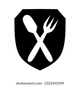 spoon and fork logo crossed in shield. suitable for restaurant logos, culinary and others