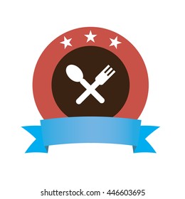 spoon and fork logo design with blue ribbon