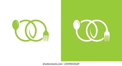 spoon and fork logo design combined with leaves for nutritious food and health