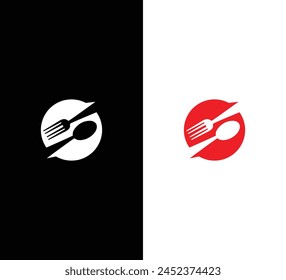 Diseño de logotipo de cuchara y tenedor. Tenedor y cuchillo en un plato. Ilustración vectorial