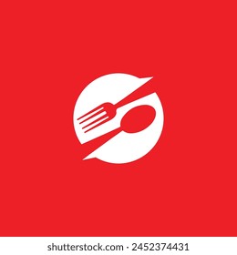 Diseño de logotipo de cuchara y tenedor. Tenedor y cuchillo en un plato. Ilustración vectorial