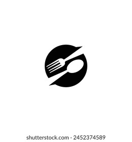 Spoon and fork logo design. Fork and knife on a plate. Icon symbol for restaurant food. Vector illustration