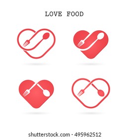 Spoon and fork logo with red heart shape vector design element.Love food logo.Restaurant menu logo.Food and drink concept.Vector illustration