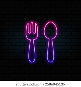 Spoon and a fork neon sign. Ensemble. Neon sign, bright signboard.