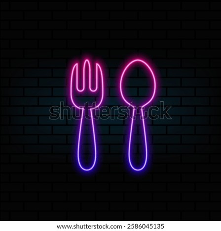 Spoon and a fork neon sign. Ensemble. Neon sign, bright signboard.