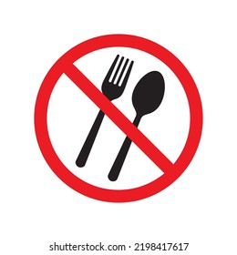 Spoon and fork, No eating circle sign, Prohibition symbol sticker for public places, Isolated on white background, Vector illustration