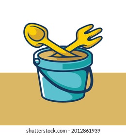 Spoon and fork on the bucket full of sand symbol logo with cartoon style line art illustration design vector