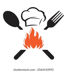 spoon and fork on fire logo Chef logo design Restaurant logo cooking utensils vector illustration template design