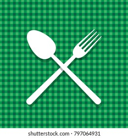 spoon and fork on green tablecloth, vector menu restaurant template