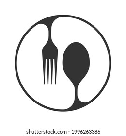 Spoon and fork on the plate. Cutlery sign isolated on white background. Restaurant menu symbol or food book logo. Vector illustration