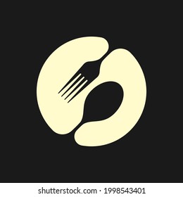 Spoon and fork on the plate. Cutlery sign isolated on black background. Restaurant menu symbol or food book logo. Vector illustration