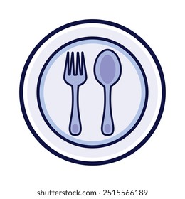 Spoon and Fork on plate icon set with style cartoon illustration, on Top View. design template