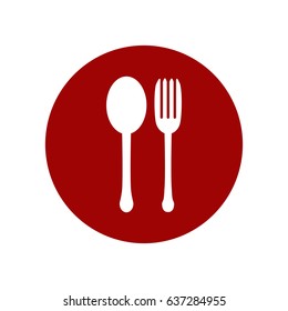 Spoon and fork on plate icon. Flat design. Red and white. Vector illustration.