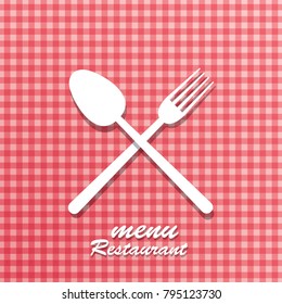 spoon and fork on red tablecloth, vector menu restaurant template