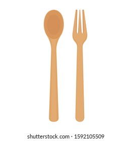 Spoon and fork on white background. spoon and fork vector. Wood spoon and  wood fork.