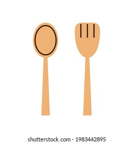Spoon and fork on white background.  Wood spoon and  wood fork.