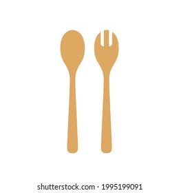 Löffel und Gabel auf weißem Hintergrund. Löffel- und Gabelvektorgrafik. Holzlöffel und Holzgabel.