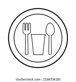 Spoon, Fork, And Paper Cup On A Dish. Line Vector Symbol. Food Court And Canteen Sign.